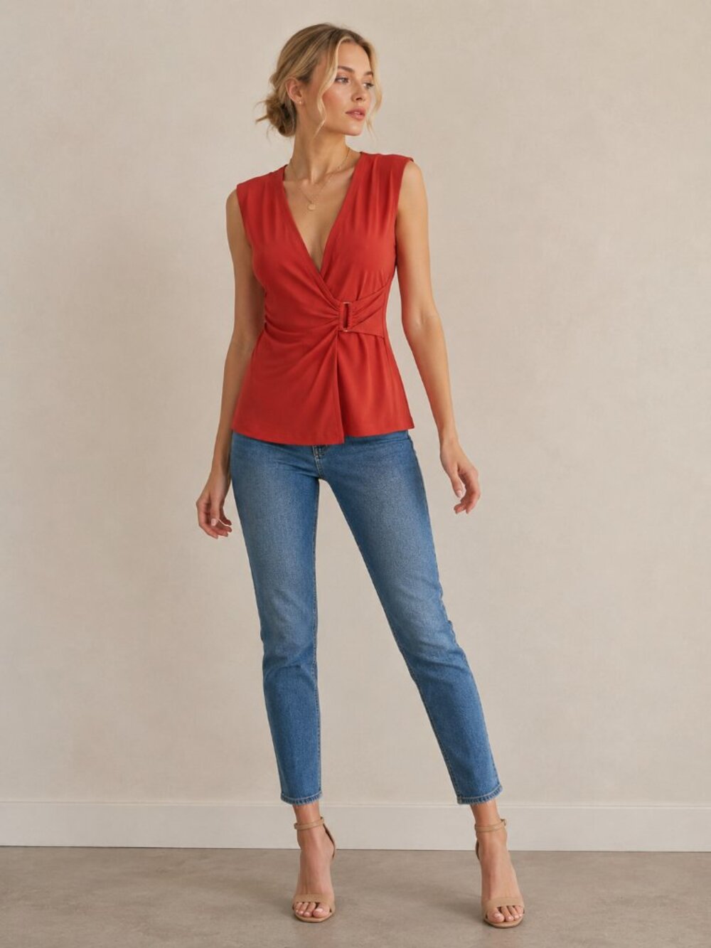 TAHARI Buckle Wrap Sleeveless Plunging V-Neck Blouse Red Medium #A4312